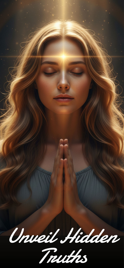 Tarot Universe - Card Reading - A serene woman meditating with a glowing light on her forehead and the text Unveil Hidden Truths.