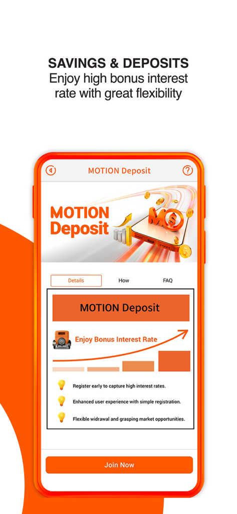 높은 보너스 이자율을 보여주는 MOTION Deposit 예금 계좌를 보여주는 inMotion by CNCBI의 모바일 앱 화면
