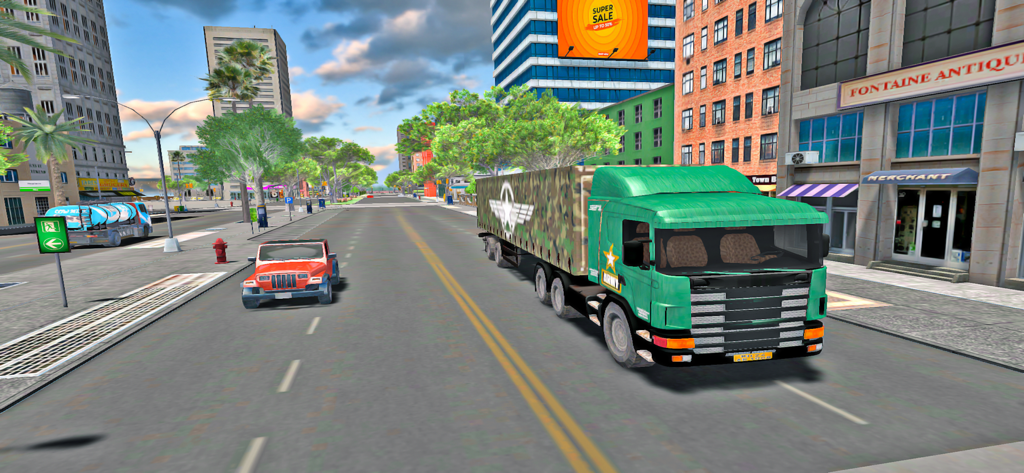 US Cargo Truck Simulator Game - A green army truck driving through a city street in US Cargo Truck Simulator.