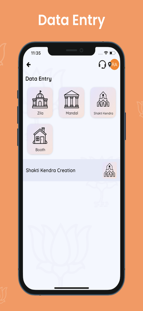 Saral App - Une capture d'écran mobile de l'interface de saisie de données de Saral App montrant les niveaux d'organisation tels que Zila, Mandal, Shakti Kendra et Booth.