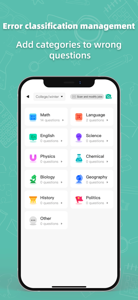 ExamPaper - Mobile app screen showing exam error classification by subjects like Math Science and English