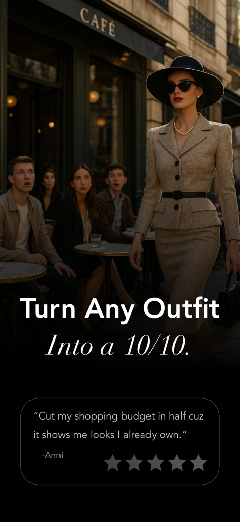 Chic woman in a tan suit and hat with a user review for the Mue AI outfit maker app.