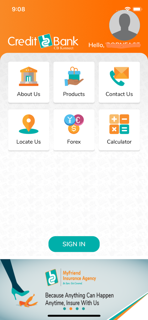 Credit Bank CB Konnect - Dashboard of the Credit Bank CB Konnect mobile app featuring icons for forex, insurance products, and a sign in button.
