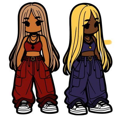 girl in baggy pants crop top and long hair