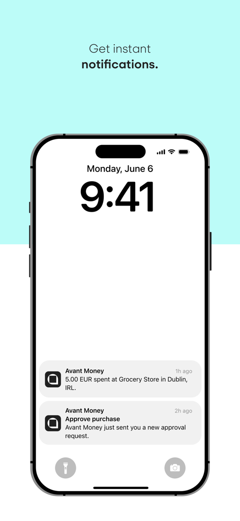 Avant Money - A smartphone screen displaying real-time push notifications for transaction spending and purchase approvals from the Avant Money app.
