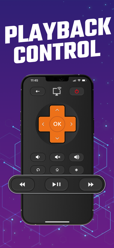 Interfaccia di controllo della riproduzione dell'app iPhone Rokumote per Roku TV