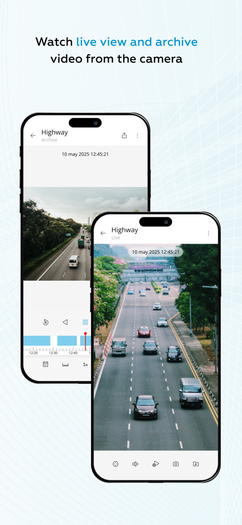 Eocortex - Eocortex mobile App-Oberfläche, die Live- und Archiv-Aufnahmen von Überwachungskameras einer Autobahn anzeigt