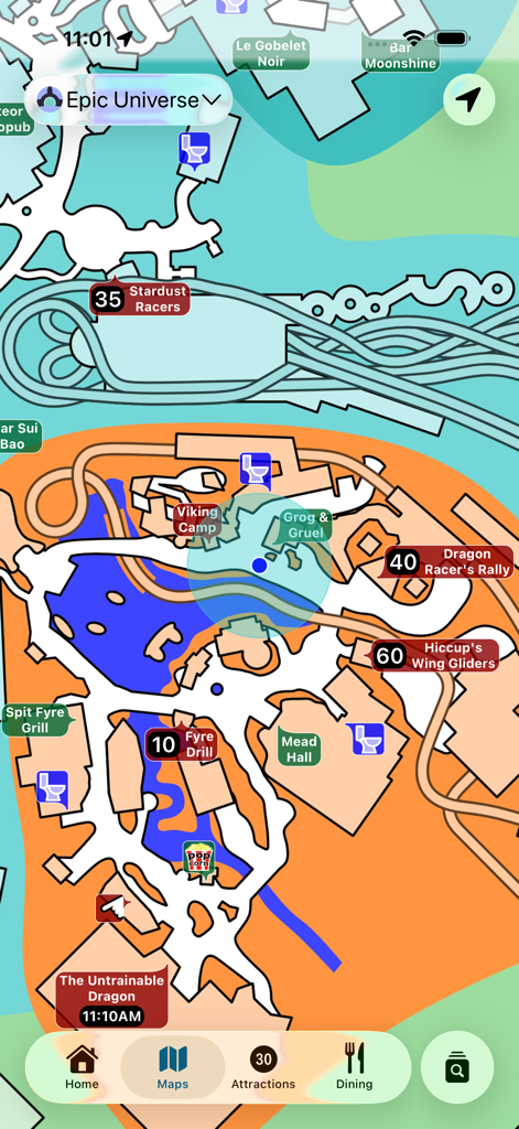 Magic Guide: Universal Orlando - Un mapa interactivo de Universal Epic Universe que muestra los tiempos de espera de las atracciones y los puntos de interés del parque.