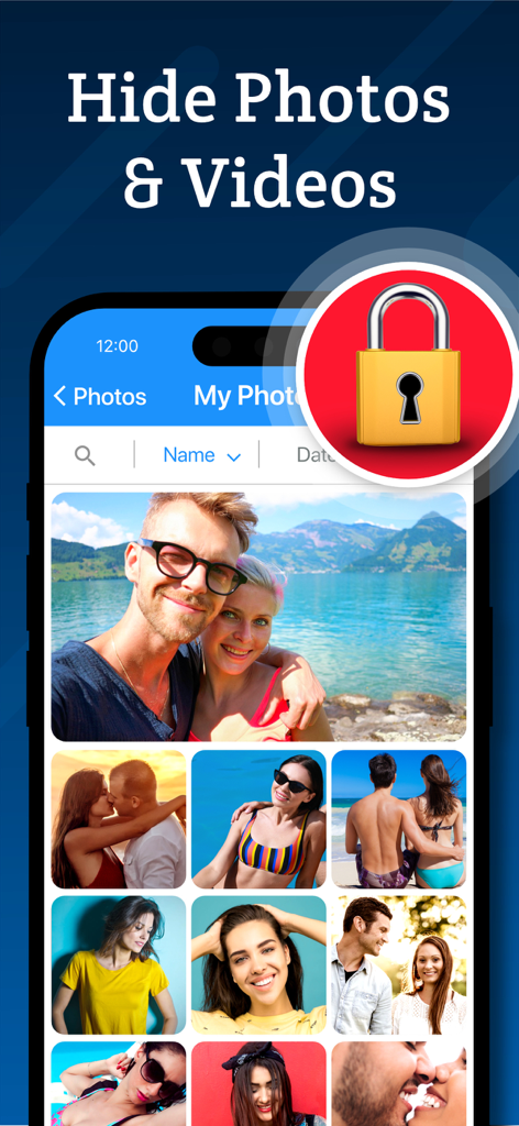 Password Manager - Secure - Interfaccia che mostra la funzione di vault fotografico segreto con un'icona di lucchetto sicuro.