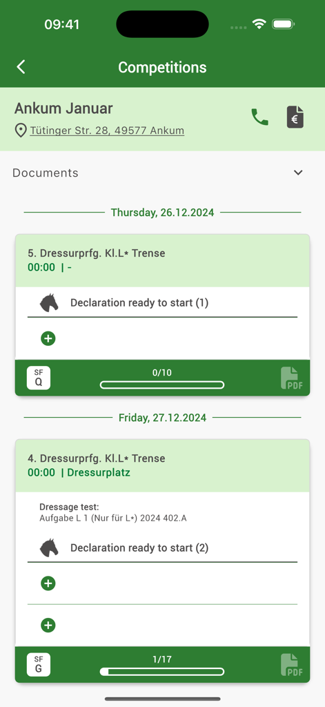 FN Competitions App-Bildschirm mit Turnierdaten und Anmeldedetails für Dressurveranstaltungen