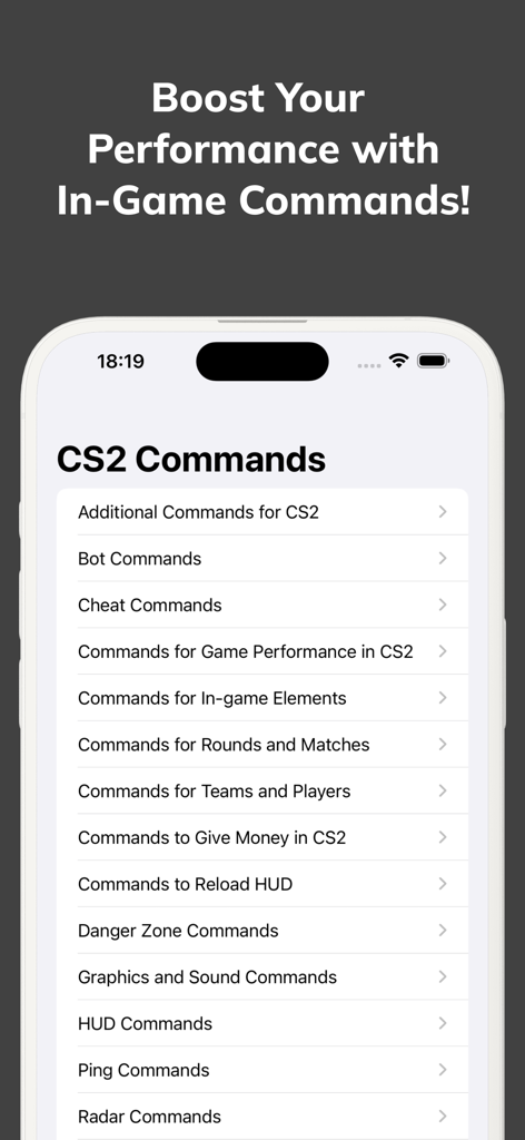 CS2, CS:GO Smoke Nades Guide - A list of CS2 console command categories in the Smoke Nades Guide app including bot performance and cheat commands