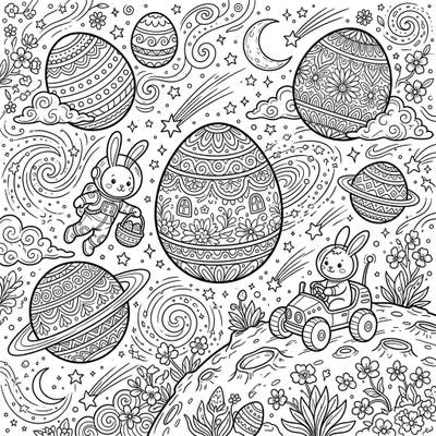 Embark on an out-of-this-world Easter journey with this detailed coloring page designed for teens. Discover a whimsical universe where astronaut bunnies explore exoplanets decorated like festive Easter eggs amidst a cosmic landscape.