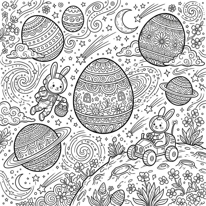 Embark on an out-of-this-world Easter journey with this detailed coloring page designed for teens. Discover a whimsical universe where astronaut bunnies explore exoplanets decorated like festive Easter eggs amidst a cosmic landscape.