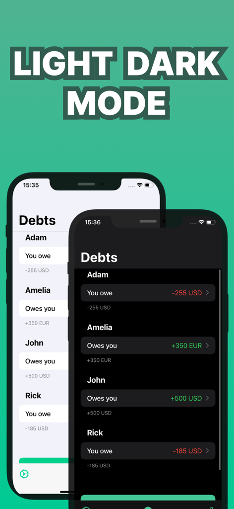 Debt Tracker app interface shown in light and dark modes.