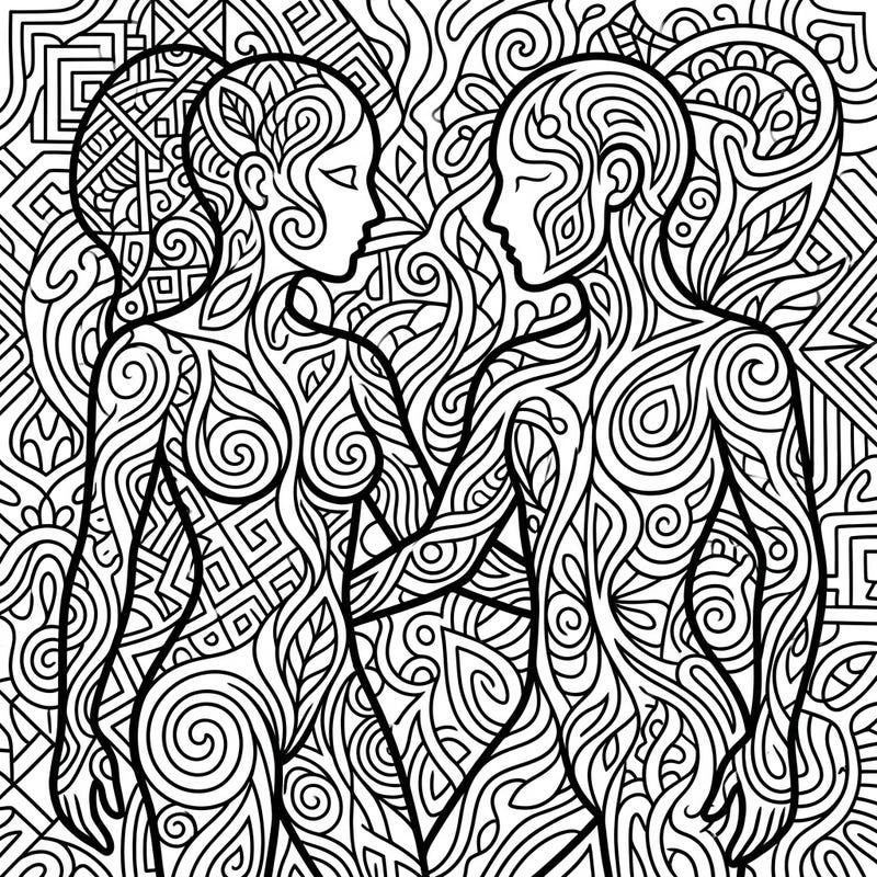 Dive into a world of artistic expression with this captivating abstract human figures coloring page. Its intricate patterns and flowing lines offer a unique canvas for your creativity, perfect for mindful relaxation.