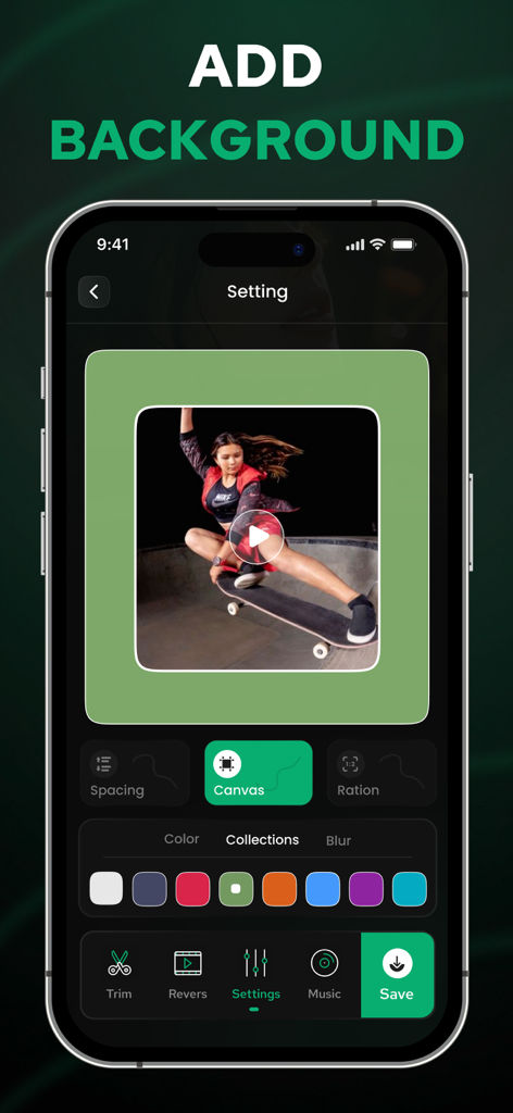 AI Reverse Video Editor - RevV - Editing interface of AI Reverse Video Editor showing how to add a background to a video