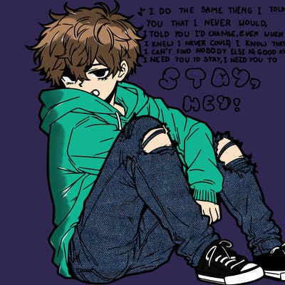 a male hoddie ripped jeans messy hair anime