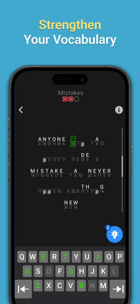 PlaySimple Cryptogram - Mobile gameplay of PlaySimple Cryptogram showing a letter substitution puzzle to decode a famous quote.