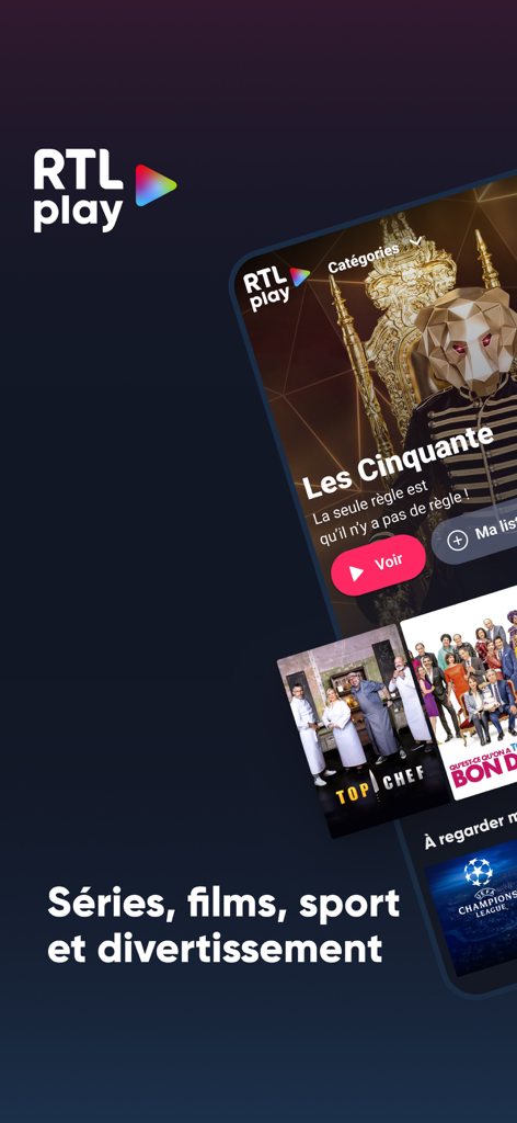 Interface de l'application mobile RTL Play affichant des émissions de télévision et des catégories de divertissement
