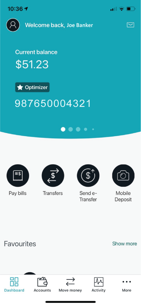 Connect First mobile app dashboard displaying current account balance and quick access icons for bill payments and transfers.