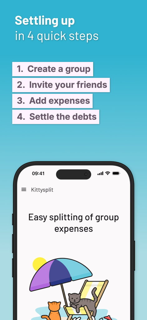 Kittysplit: Split Group Costs - Kittysplit app screen explaining the four steps to settle group expenses and split debts.