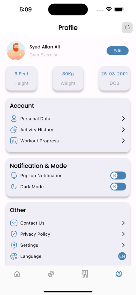 Tri Fits - La pantalla del perfil de usuario de la aplicación Tri Fits que muestra métricas físicas personales y la configuración de la cuenta.