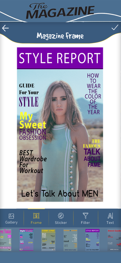 Magazine Cover - Frame Studio - Mobile App-Oberfläche zur Bearbeitung eines Mode-Magazin-Covers mit dem Titel "Style Report", das ein Porträt einer Frau zeigt
