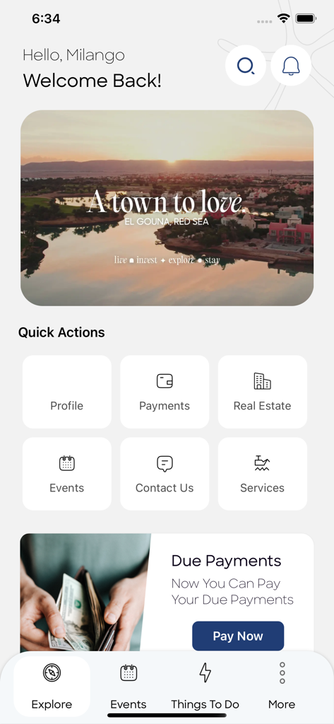 El Gouna, Red Sea - Home screen of the El Gouna Red Sea app featuring lifestyle and property management services.