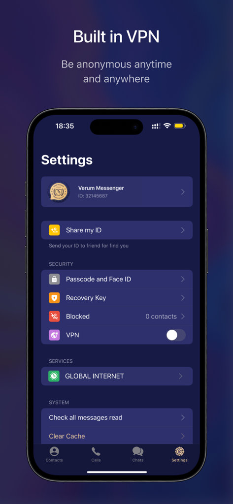 Verum Messenger settings screen showing built-in VPN and security options