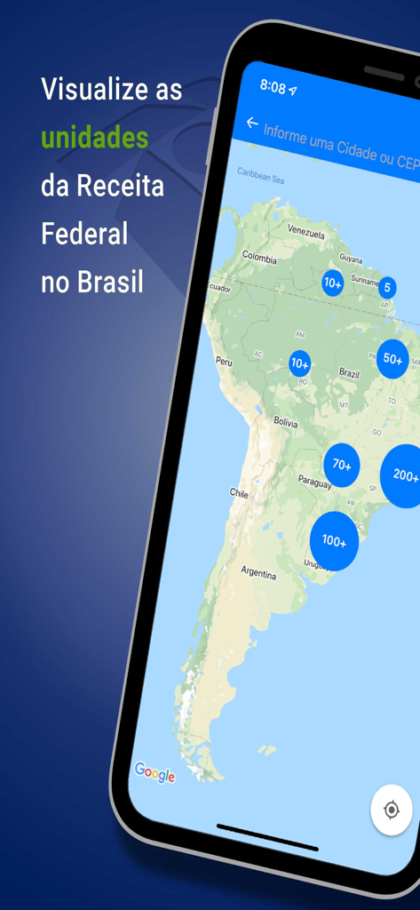 ブラジルの地図と、さまざまなReceita Federalサービスユニットの場所を示すマーカーを表示するモバイル画面。
