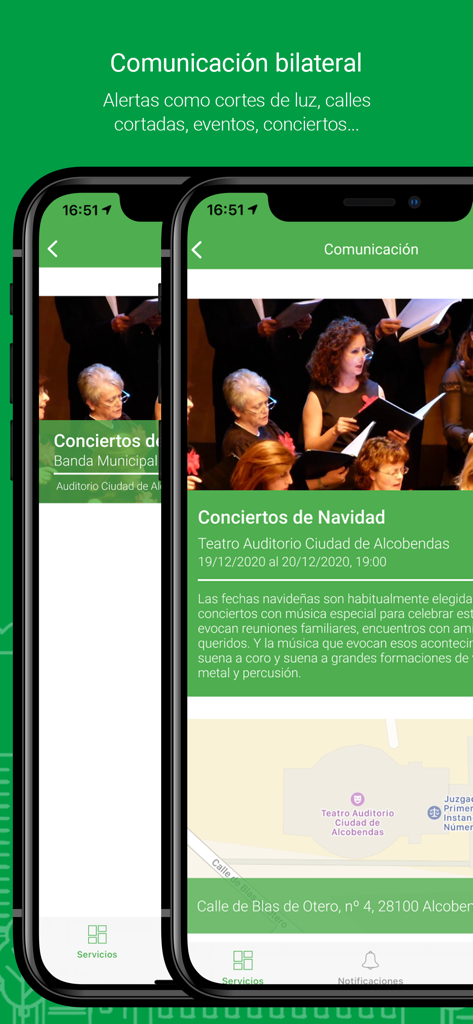 Pantalla de smartphone mostrando detalles de un concierto de Navidad y alertas locales en la app de Alcobendas
