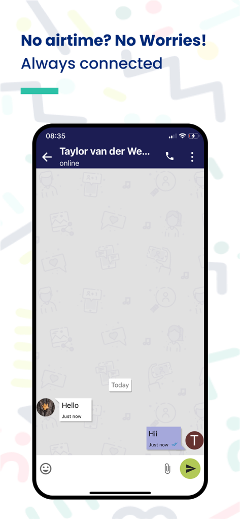 Moya App #Datafree - Moya App chat interface displaying a message conversation and the headline No airtime No Worries.
