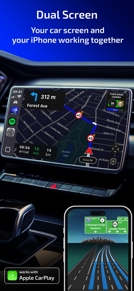 Radarbot: Speed Cameras | GPS - Aplicación de navegación Radarbot mostrando vista de pantalla dual con integración de Apple CarPlay e iPhone.