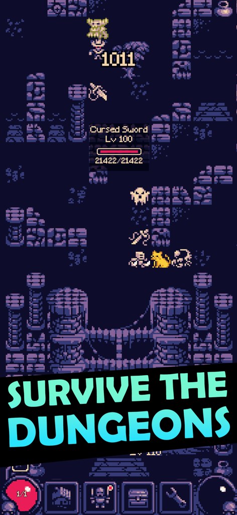 OneBit Adventure - OneBit Adventureモバイルゲームのスクリーンショット。ピクセルアートのダンジョン探索と、レベル100の呪われた剣の敵が表示されている。