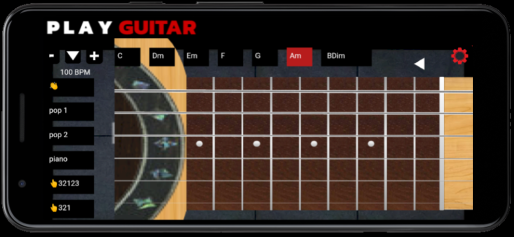 Play Guitar Acoustic Electric - Un smartphone mostrando la interfaz de la aplicación Play Guitar con un diapasón de guitarra acústica virtual y botones de acordes para practicar.