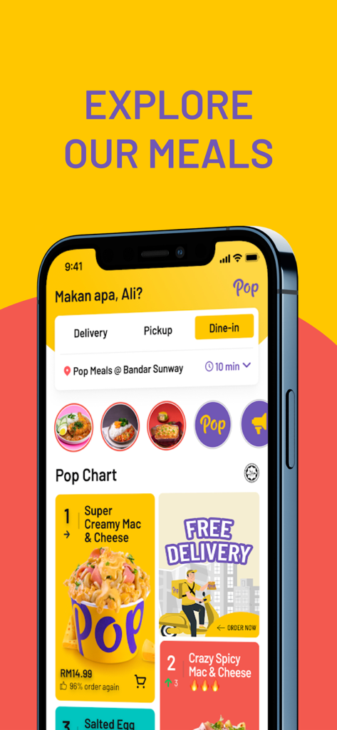 Pop - Meals just like home - Smartphone screen displaying the Pop Meals app menu with featured items and delivery options