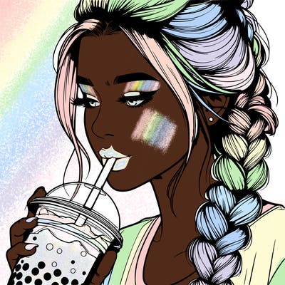 realistic girl drinking boba tea with braided hair