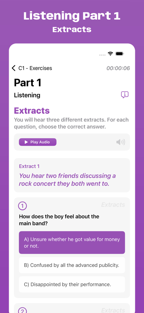 Una schermata di un'app mobile per la pratica della Parte 1 di Listening dell'Esame Cambridge C1 con una domanda a scelta multipla.