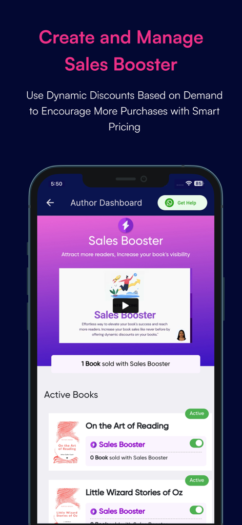 Notion Press - Notion Press author dashboard showing the Sales Booster feature with dynamic discounts for active books