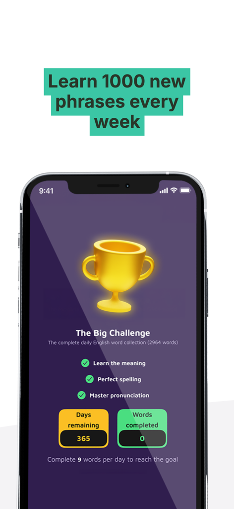 Talk Party: Practice English - L'interface de l'application Talk Party montrant un objectif d'apprentissage des langues pour maîtriser mille nouvelles phrases par semaine avec un suivi des progrès et un trophée d'or