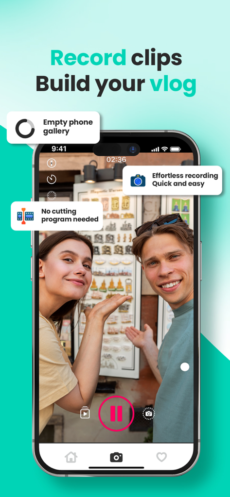 두 친구가 Vloggr 앱을 사용하여 간편한 브이로깅을 위한 영상 클립을 녹화하고 있는 모습