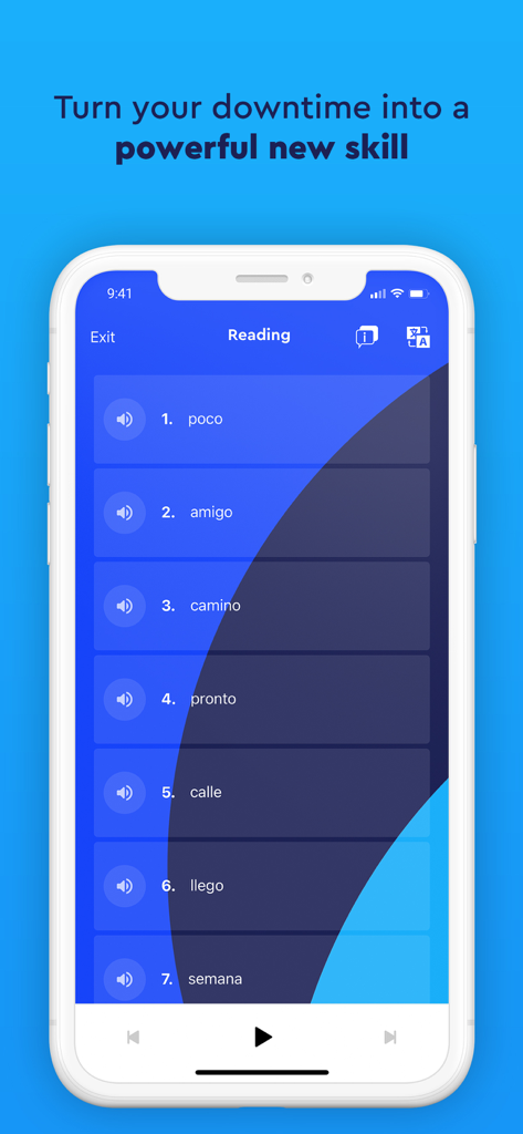 Pimsleur | Language Learning - Interfaccia della lezione di lettura in spagnolo nell'app di apprendimento linguistico Pimsleur che mostra un elenco di vocaboli.