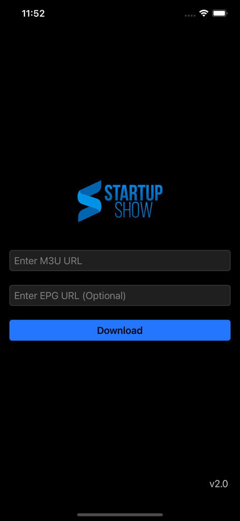 Startup Show IPTV player setup screen with M3U and EPG URL entry fields