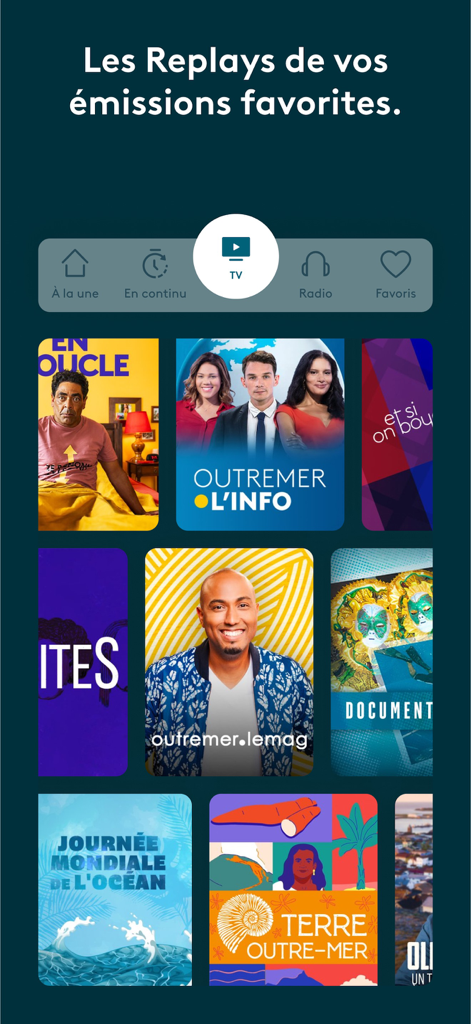 La section rediffusion TV de l'application La 1ère propose des actualités et des programmes culturels des territoires français d'outre-mer.