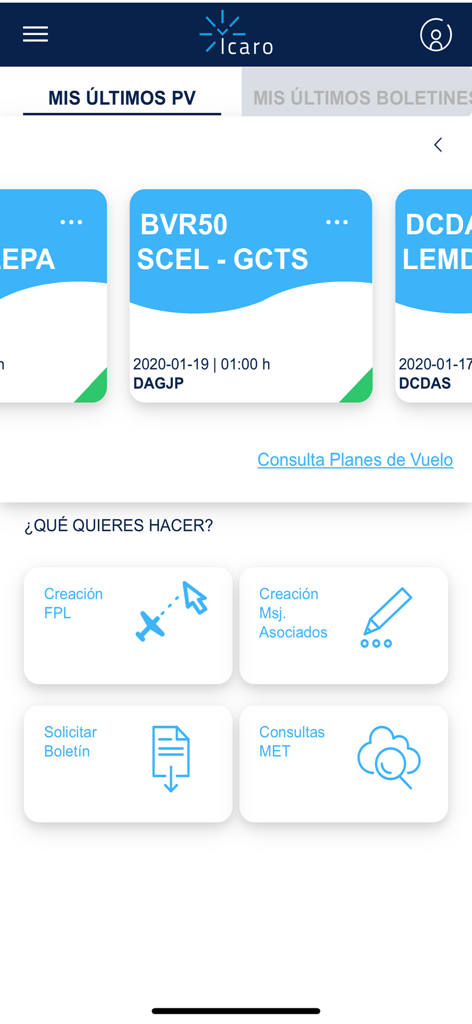 Dashboard of the ICARO app showing flight plan cards and service icons for pilots.