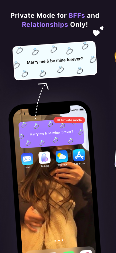 恋人へのロマンチックなメモを表示するプライベートモードのBubbl Widgetを備えたiPhoneホーム画面