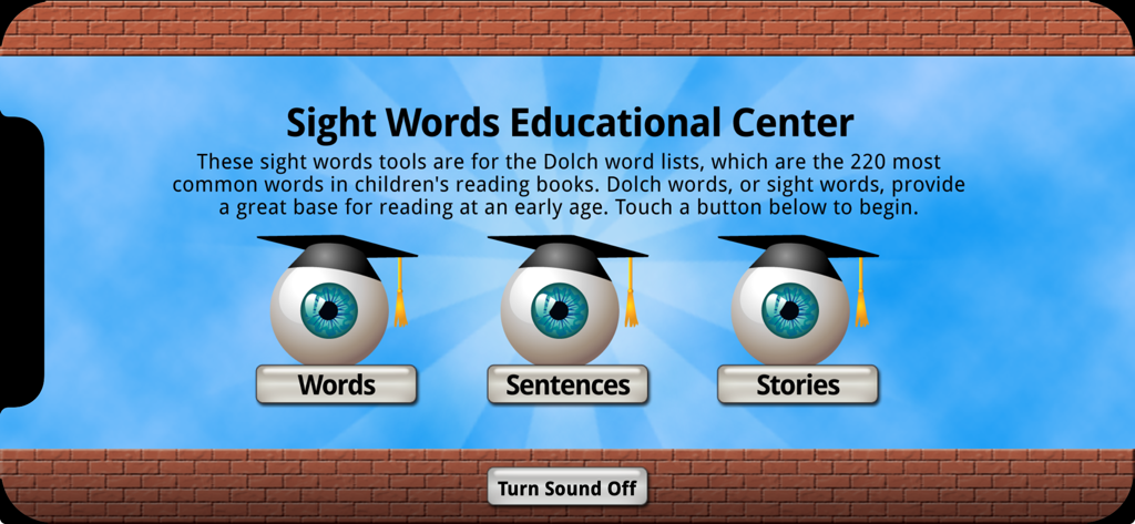 Sight Words Educational App - Main menu of the Sight Words Educational App featuring selection buttons for Words, Sentences, and Stories with a description of Dolch word lists.
