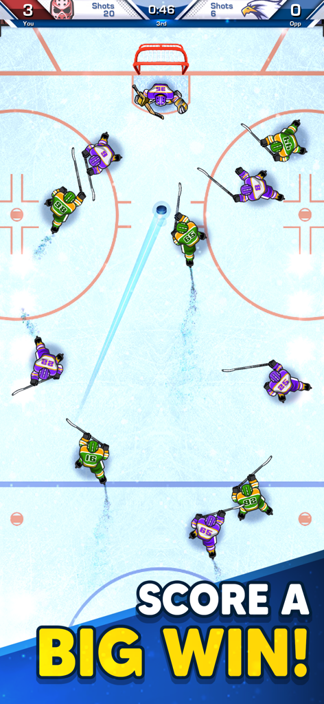 Top down gameplay view of a hockey match in the Superstar Hockey app with Score a Big Win text