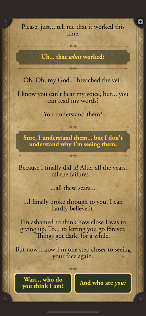 Lifeline: Bloodline - Lifeline Bloodline gameplay showing text based dialogue and story choices on a parchment background