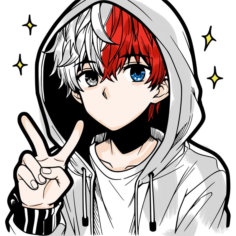 teenage manga boy in a hoodie, doing ✌